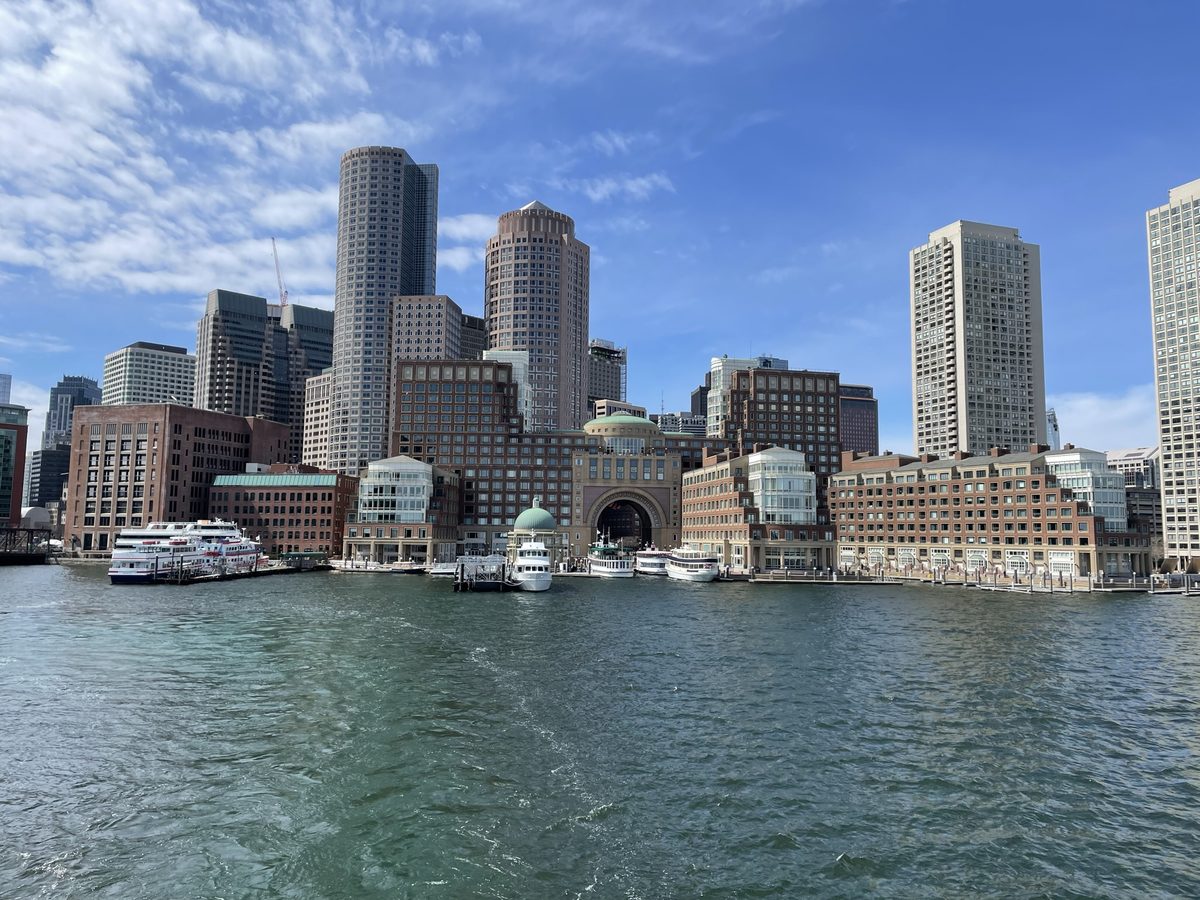 The Boston skyline and Rowes Wharf from the harbor