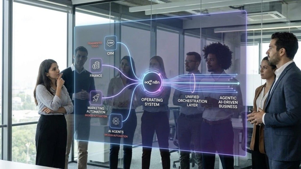 Team reviewing an operating model on a glass wall display
