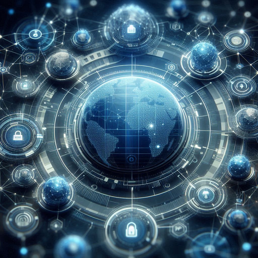 Glowing globe surrounded by padlock nodes