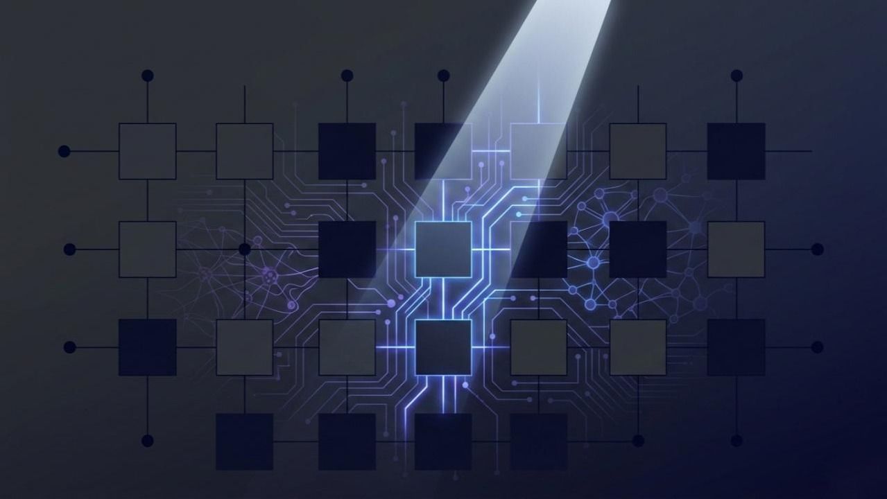 Circuit pathways lit by a spotlight
