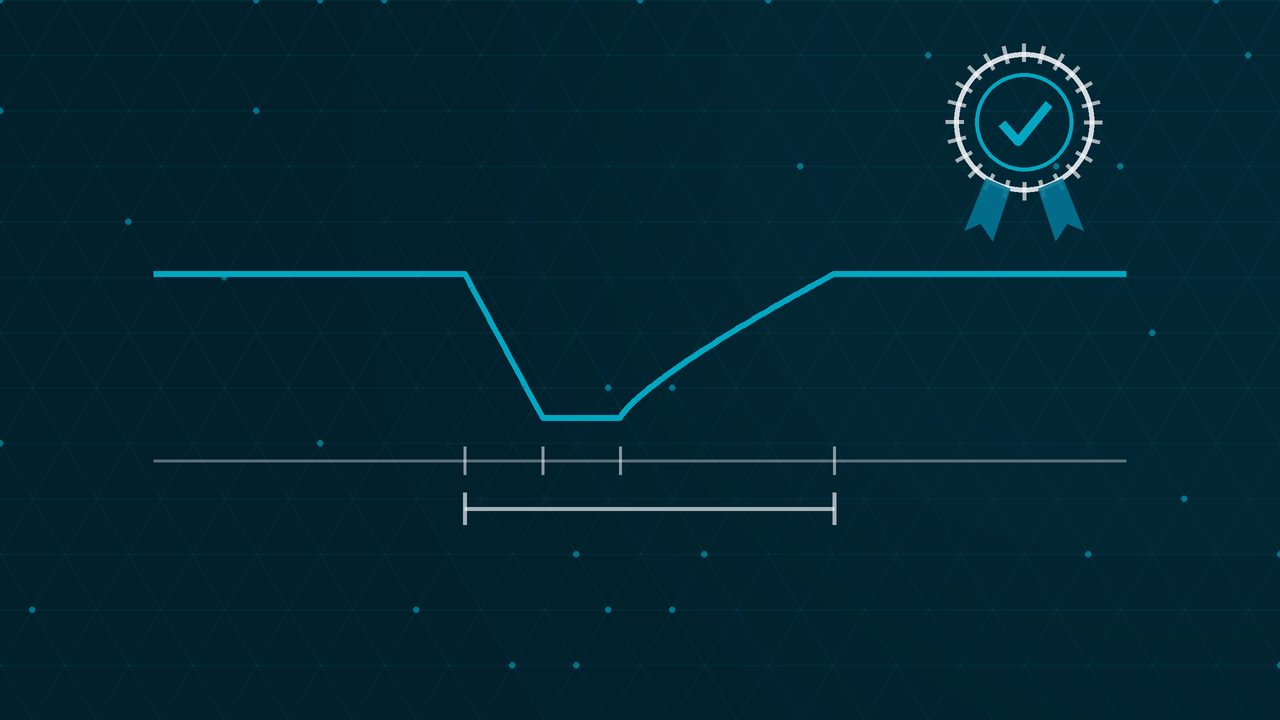 Service level line dipping during an outage and recovering within a marked recovery window, beside a certification seal