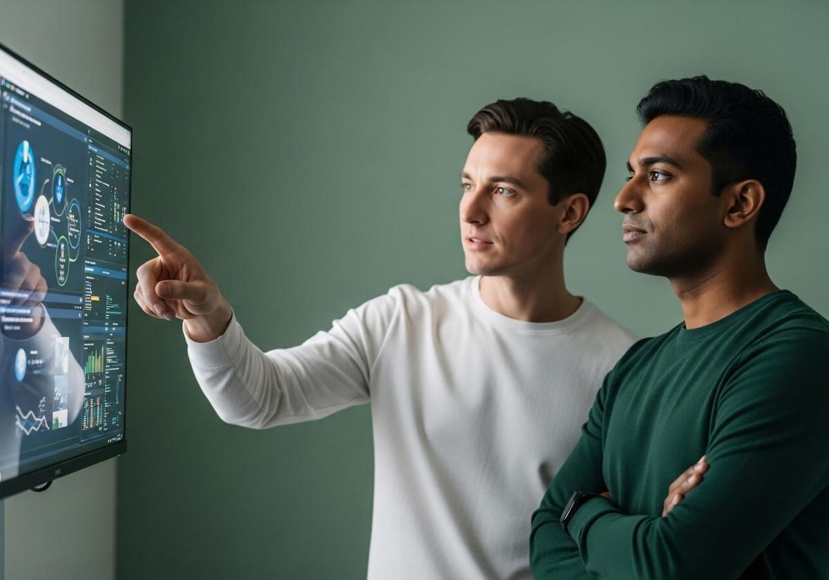 Two colleagues reviewing a dashboard on a wall screen