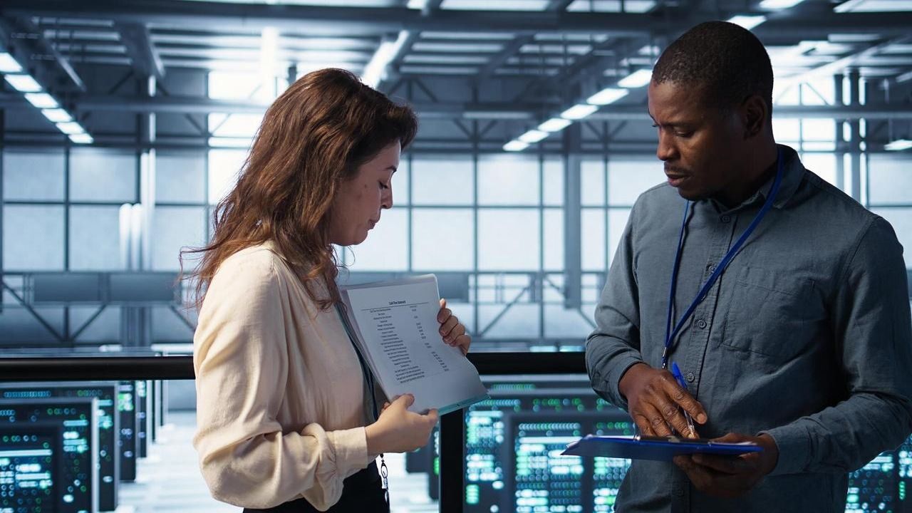 Two colleagues reviewing a report in a data center