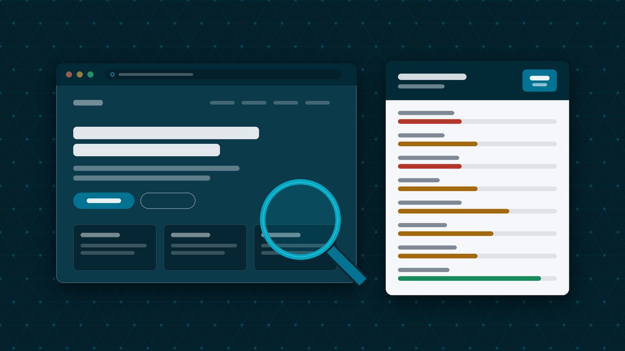 Illustration of a website in a browser window beside a report scoring it across eight areas