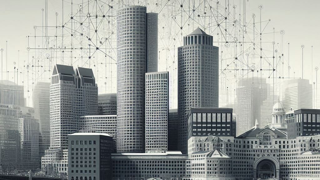 Boston skyline drawn with a network of connected points above it