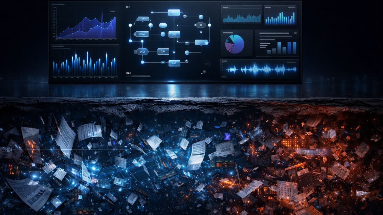Data center with scattered debris under monitoring screens