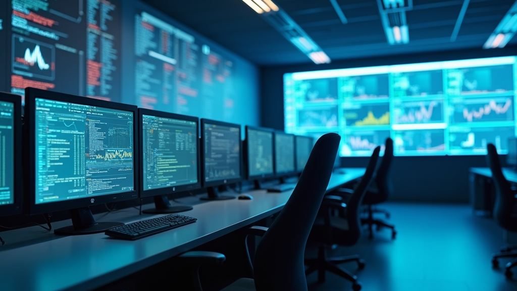 Network operations center with wall-mounted monitoring screens