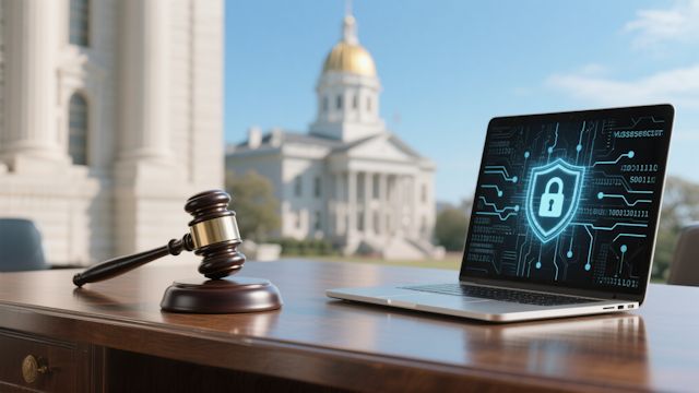 State house, gavel and a secured laptop