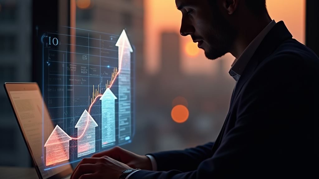 Person working on a laptop beside a rising growth chart