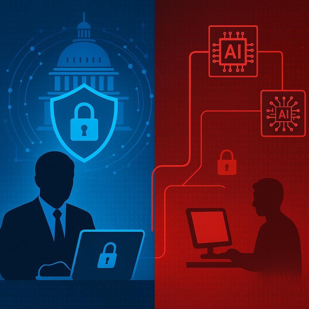 Split illustration of protected government data and AI risk