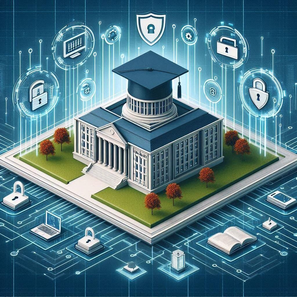 Isometric campus building ringed by security icons