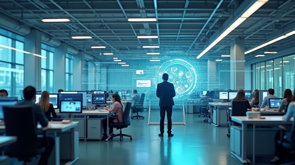Open-plan office with a technology leader reviewing a wall display