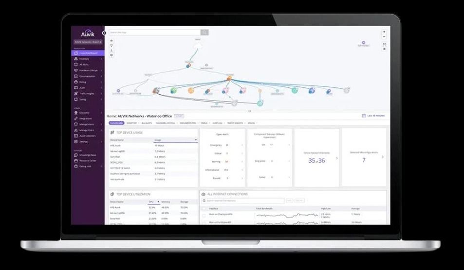 Network monitoring dashboard on a laptop