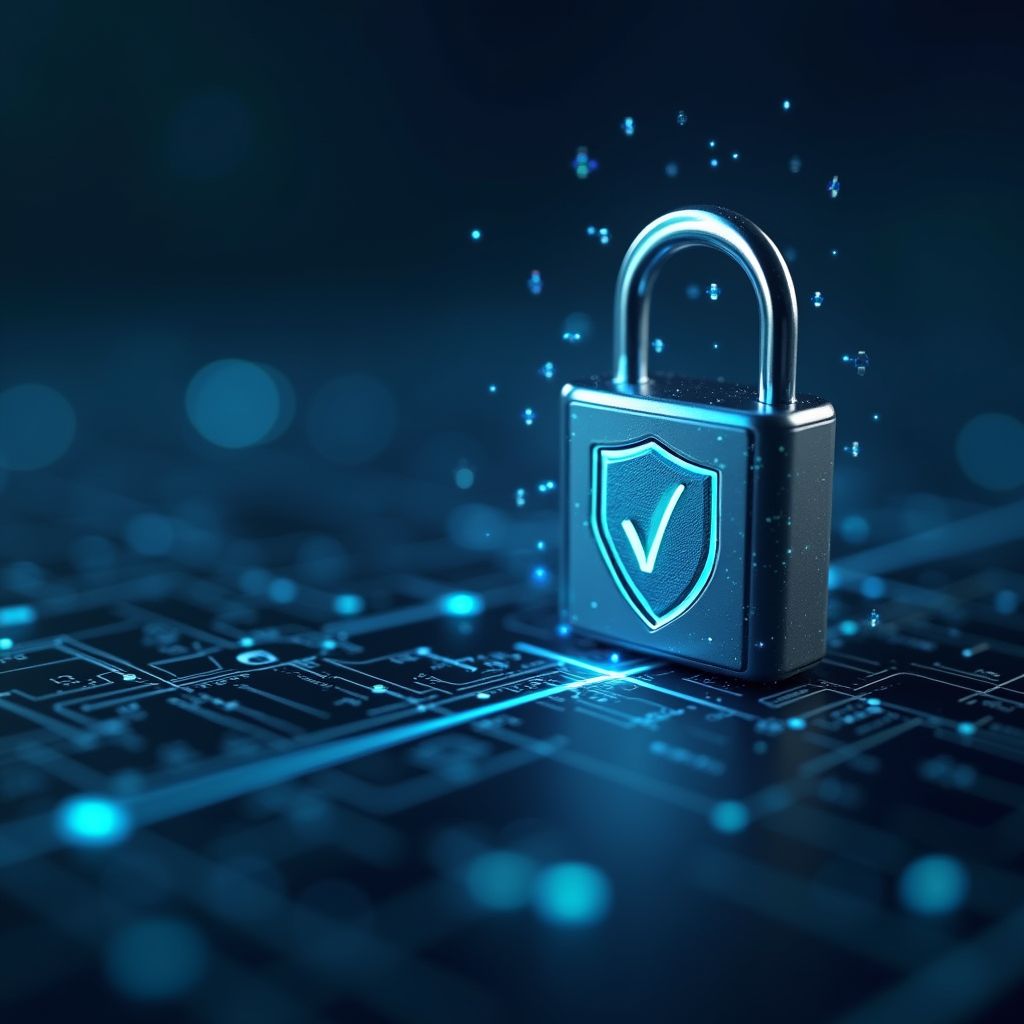 Padlock with a shield check on a circuit board