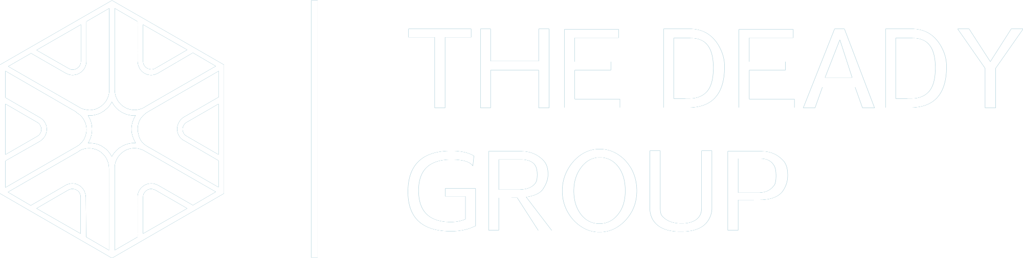 The Deady Group full logo in white: hexagon mark, vertical rule, and wordmark