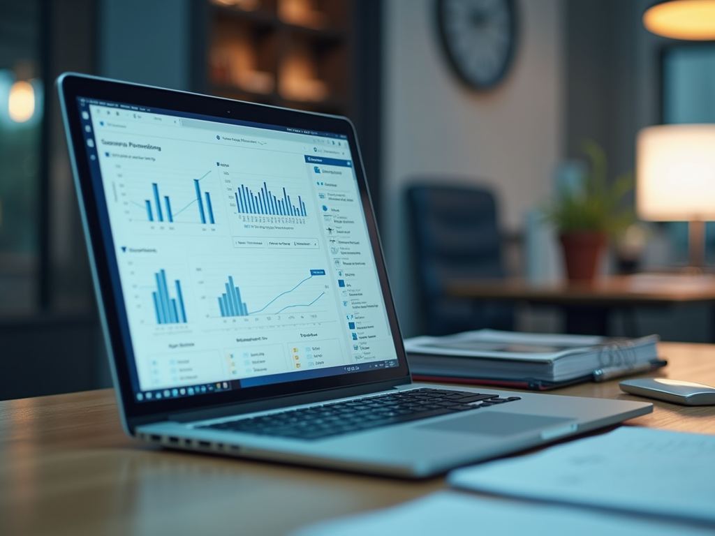 A laptop showing spend charts on an office desk