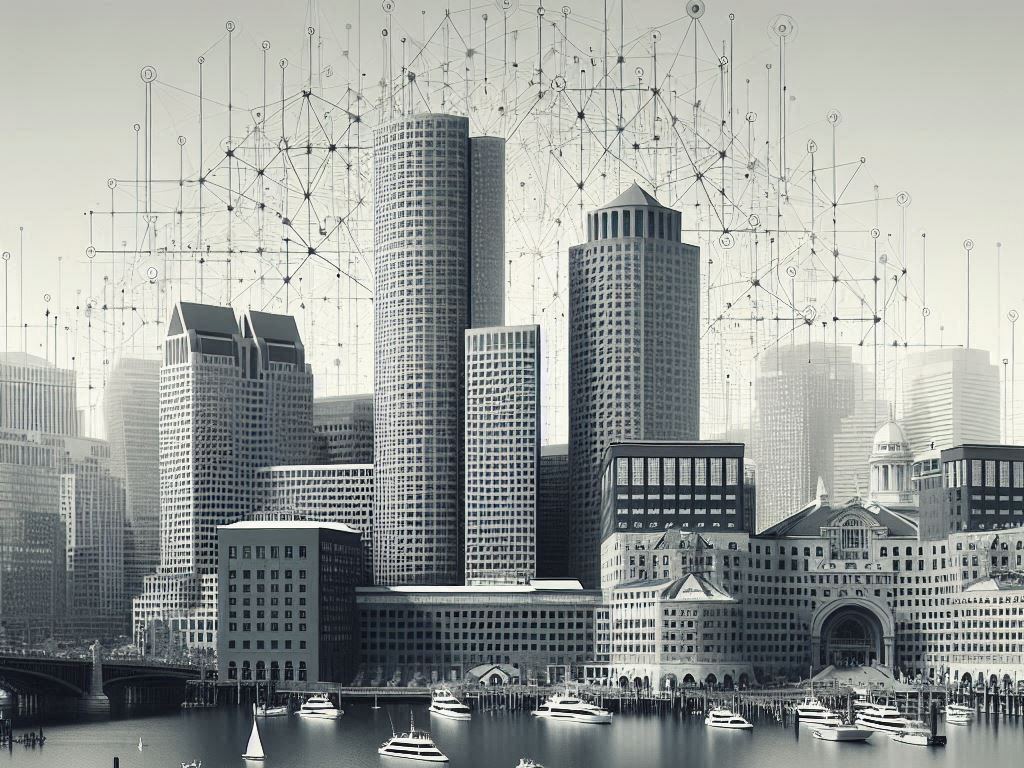 A grayscale Boston skyline overlaid with network lines