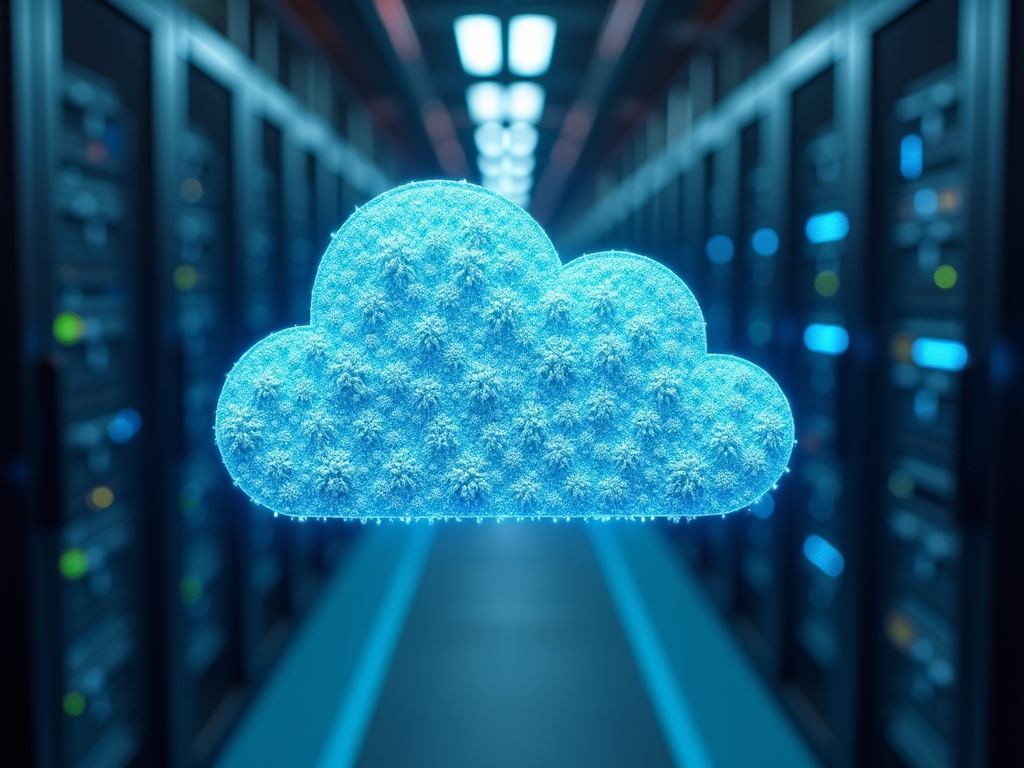 A glowing cloud above a data center aisle