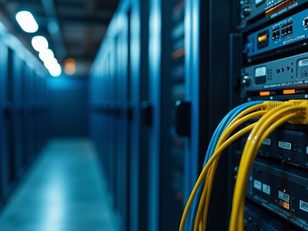 Fiber cables running into a network rack