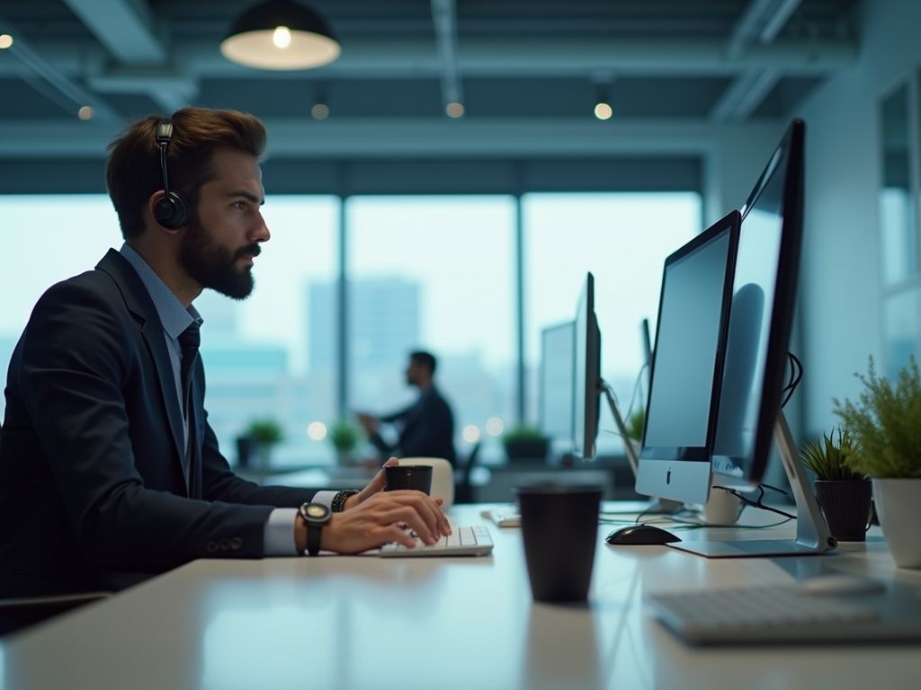 A professional on a headset call at a desk overlooking the city