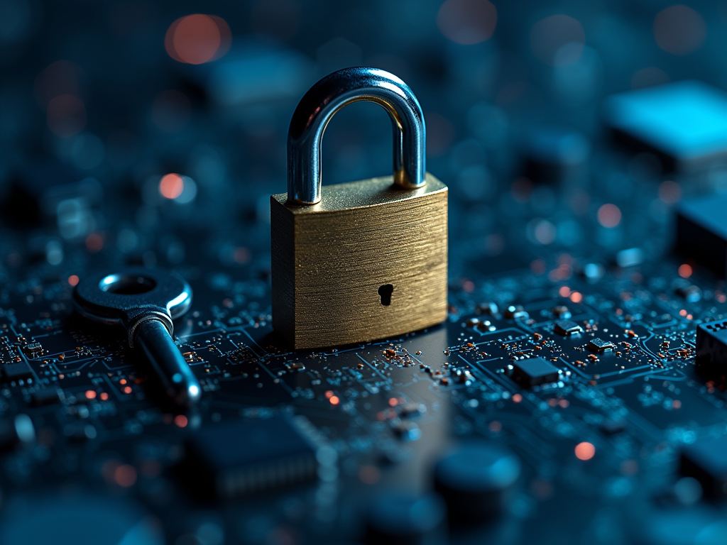 A brass padlock and key resting on a circuit board