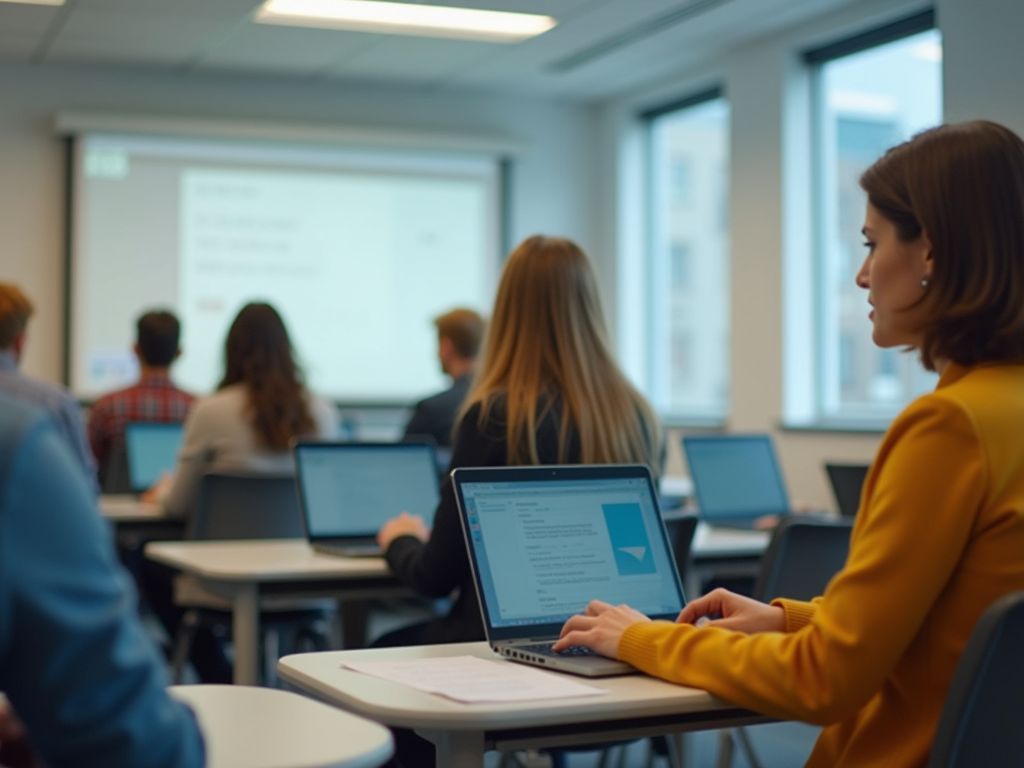Students with laptops listening to a lecture
