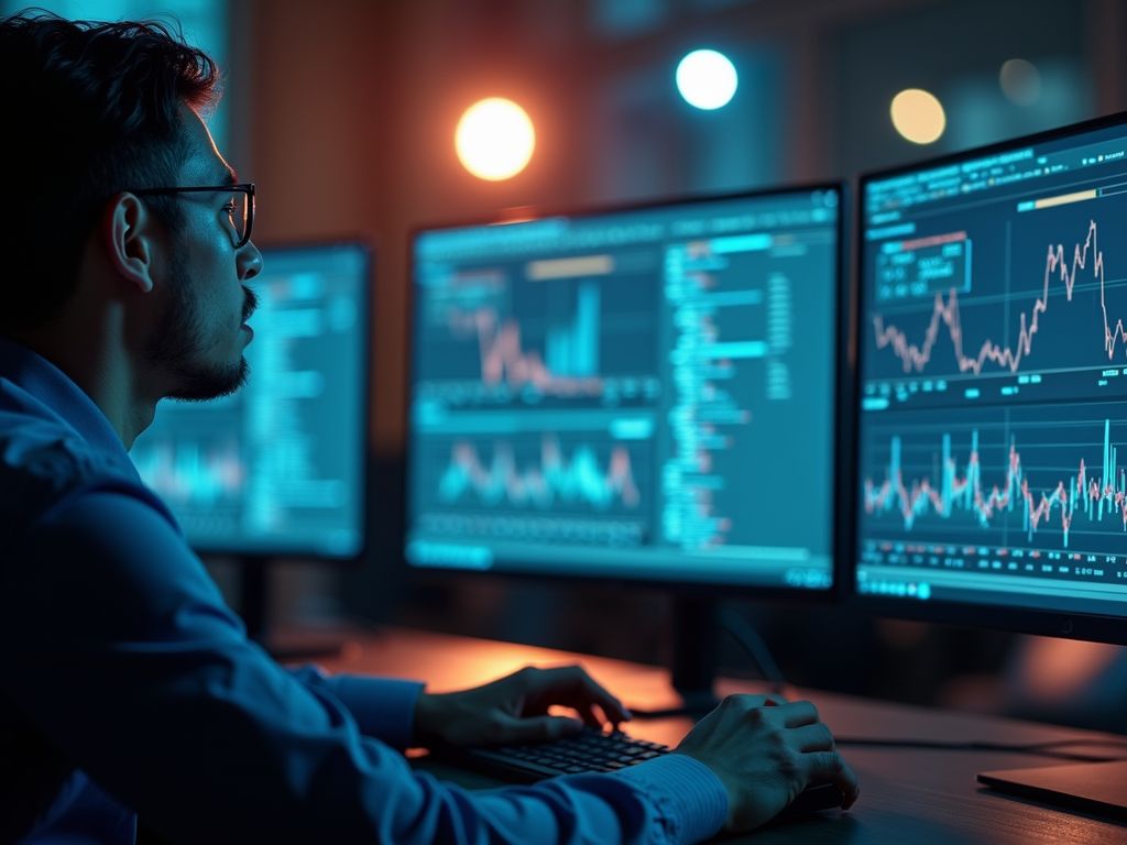 An analyst working at a bank of monitors showing market charts