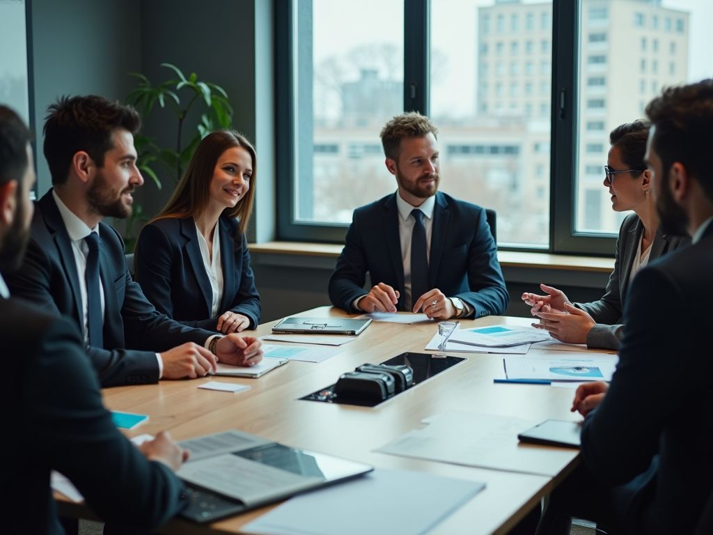 A leadership team in discussion around a boardroom table