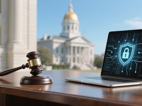 A gavel and a laptop with a security shield, with a state capitol dome behind
