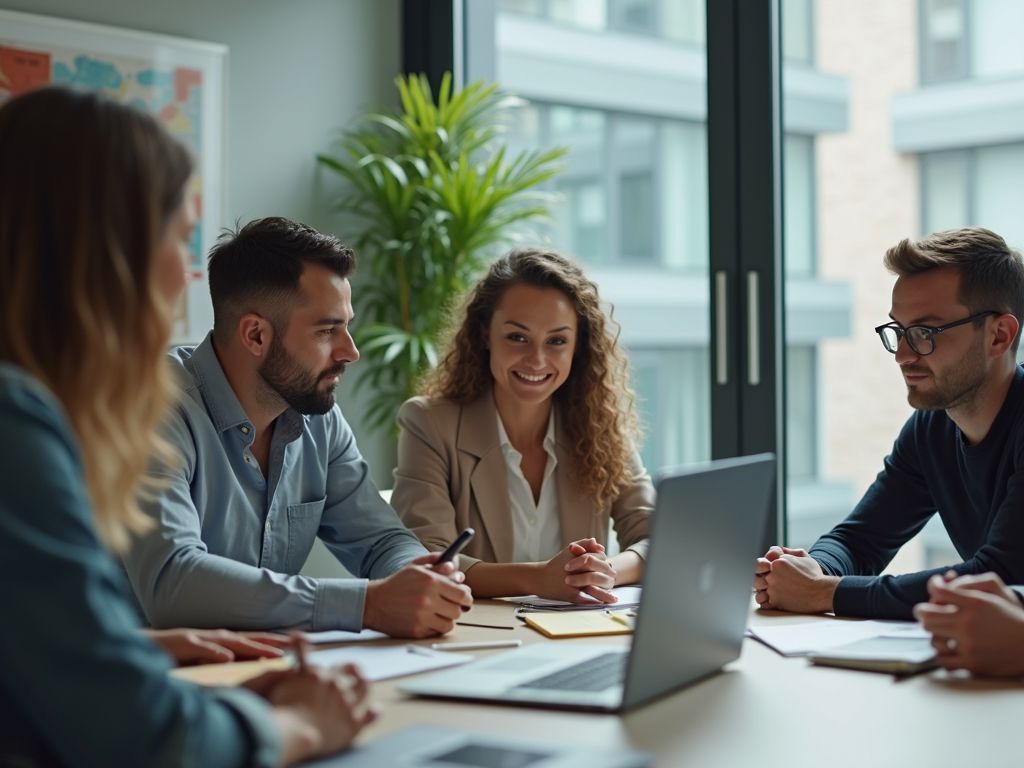A small team discussing a plan around a laptop