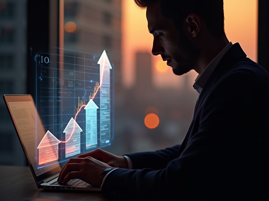 A man at a laptop by a window, with rising charts projected beside him
