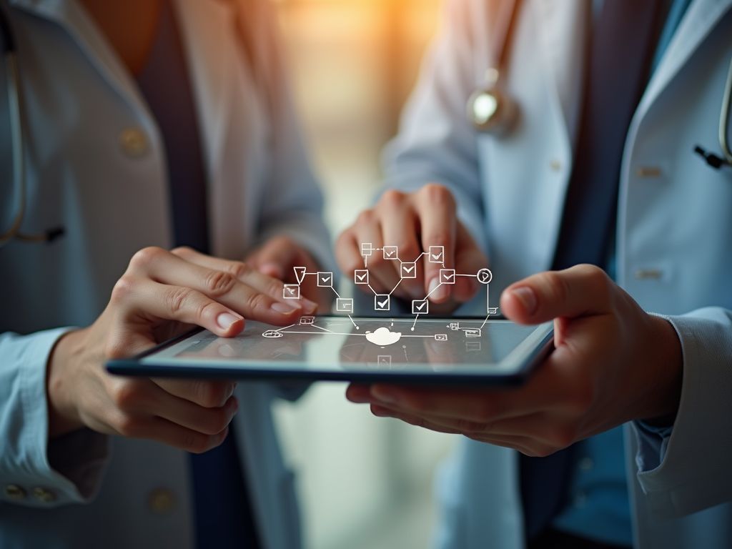 Two clinicians reviewing information on a tablet