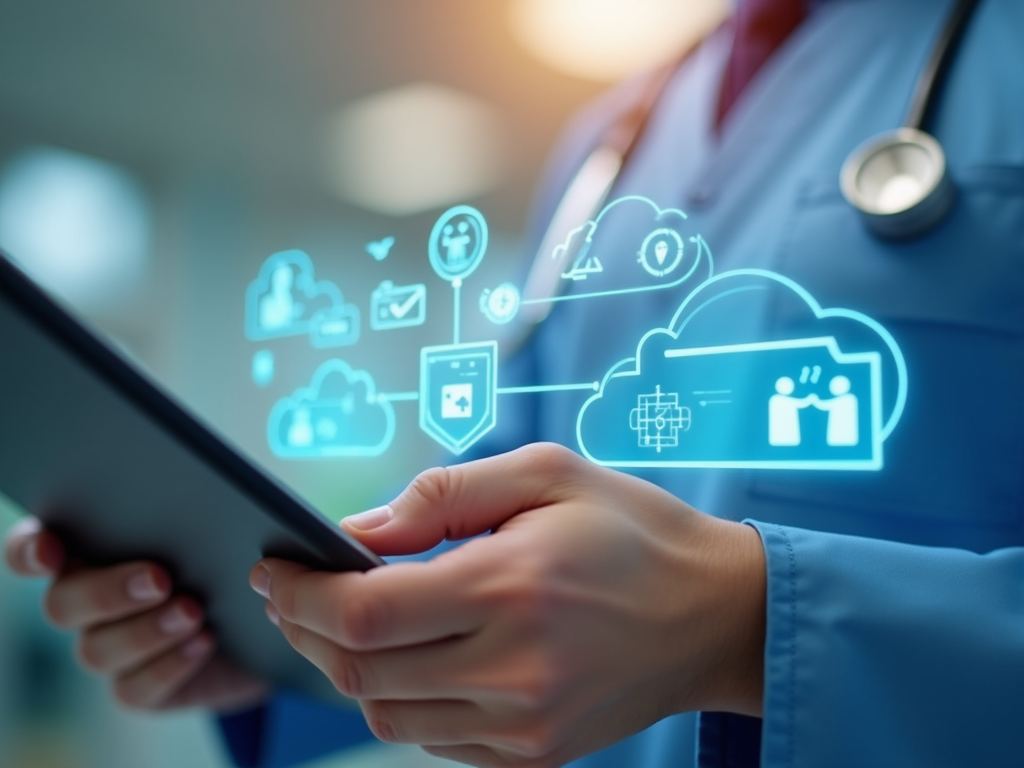 A clinician holding a tablet with cloud and security icons