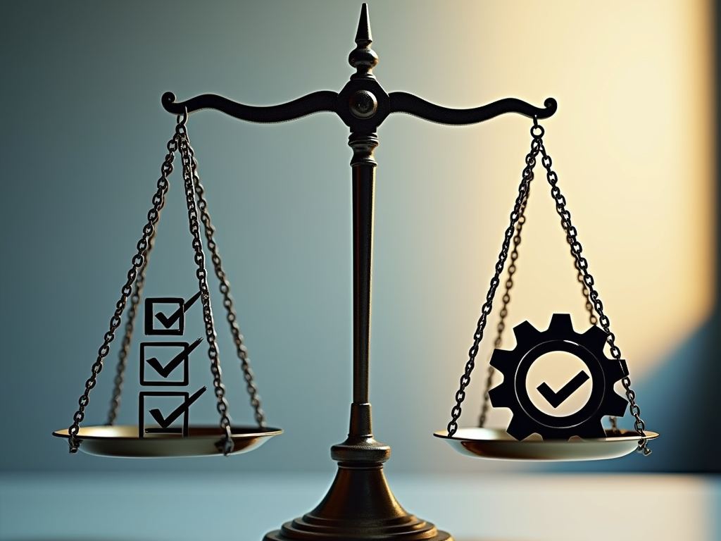 A balance scale weighing a checklist against a gear