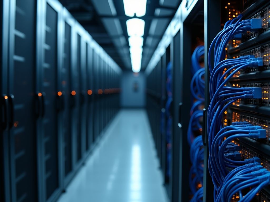 A data center aisle with blue patch cables running into server racks