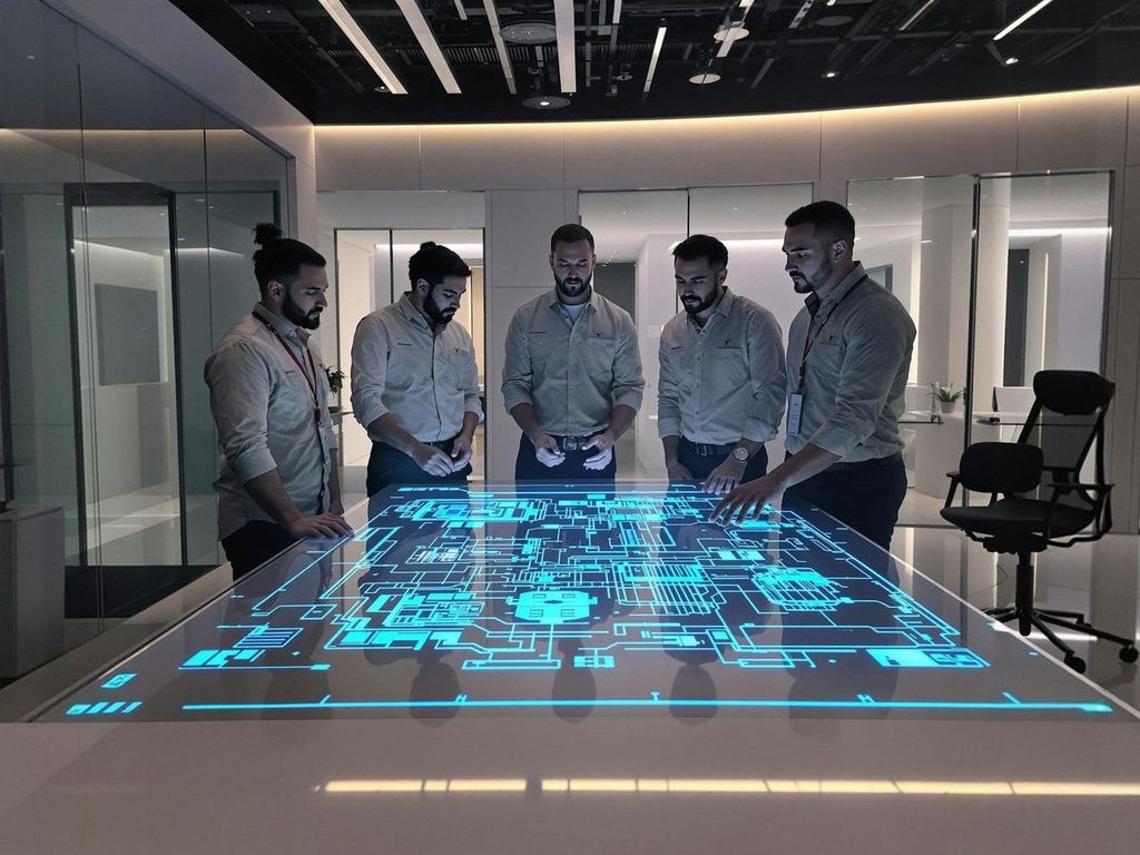 A team gathered around an interactive display table in a modern office