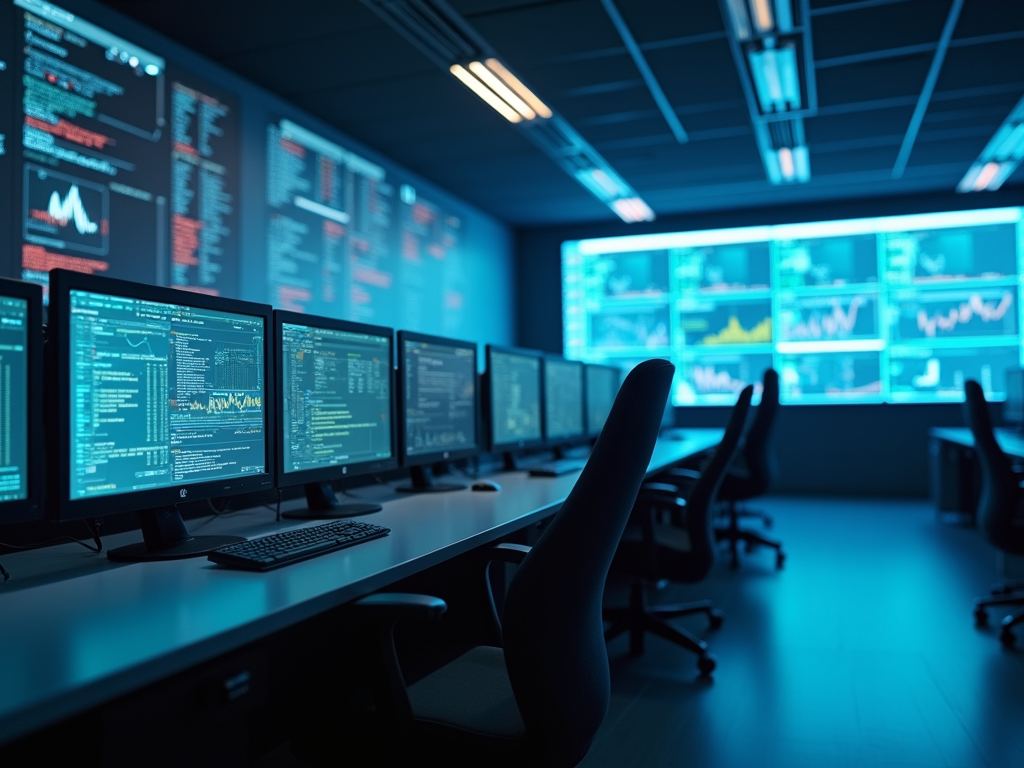 A network operations center with rows of monitors and a video wall