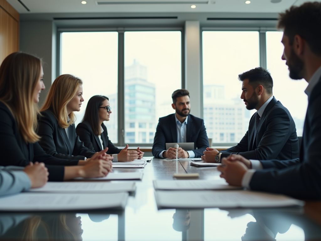 A team in a working session around a long table by the windows