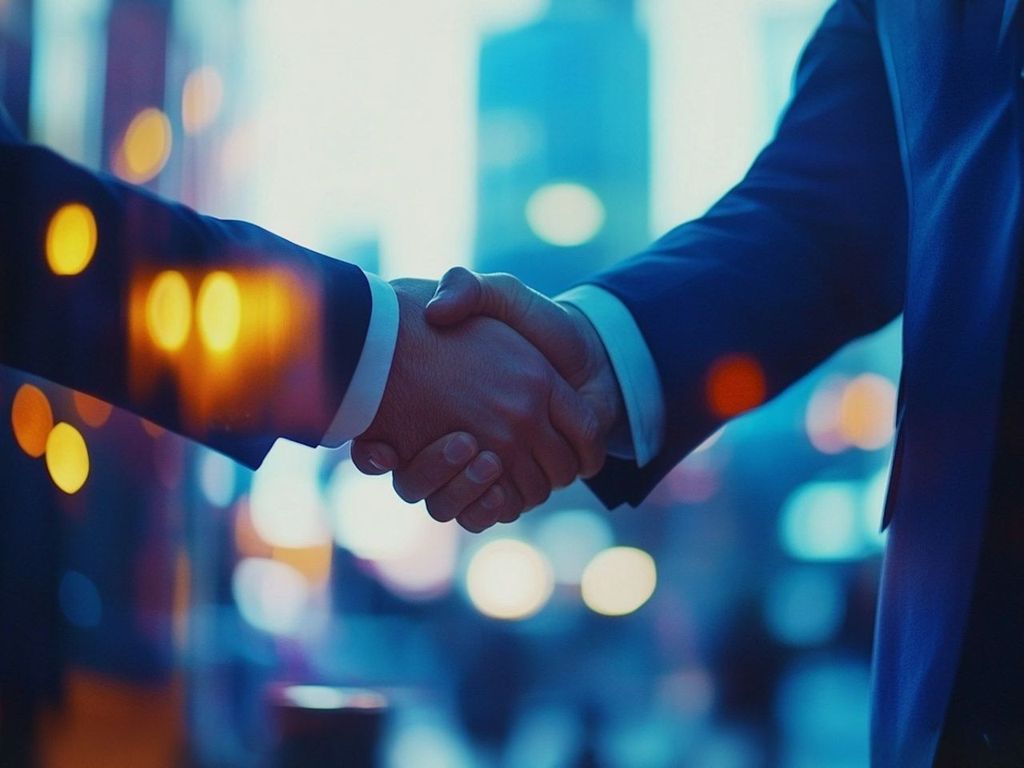 Two business people shaking hands against a city skyline at dusk