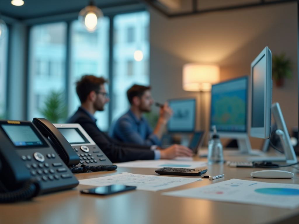 Desk phones in an office, with staff working behind them