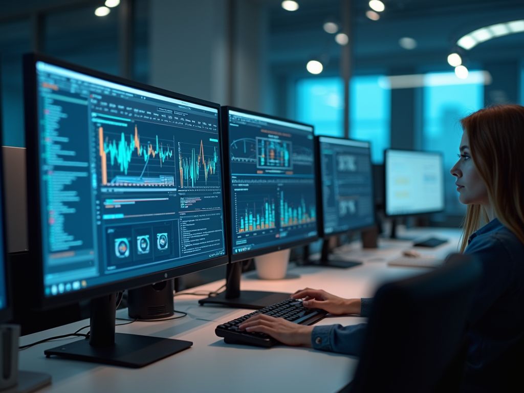 A security analyst working at a row of monitoring screens