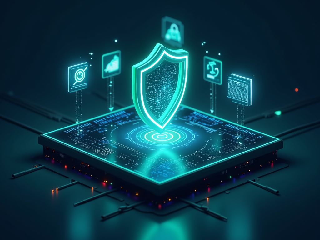 A teal shield hologram above a circuit platform