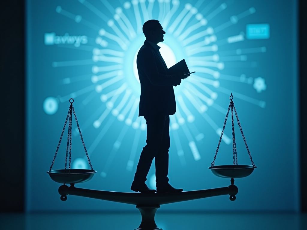 A figure standing on a balance scale against a glowing background
