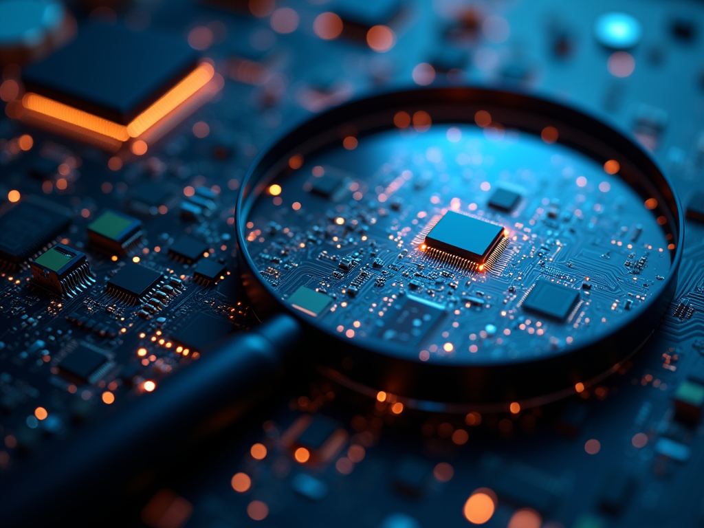 A magnifying glass over a chip on a circuit board