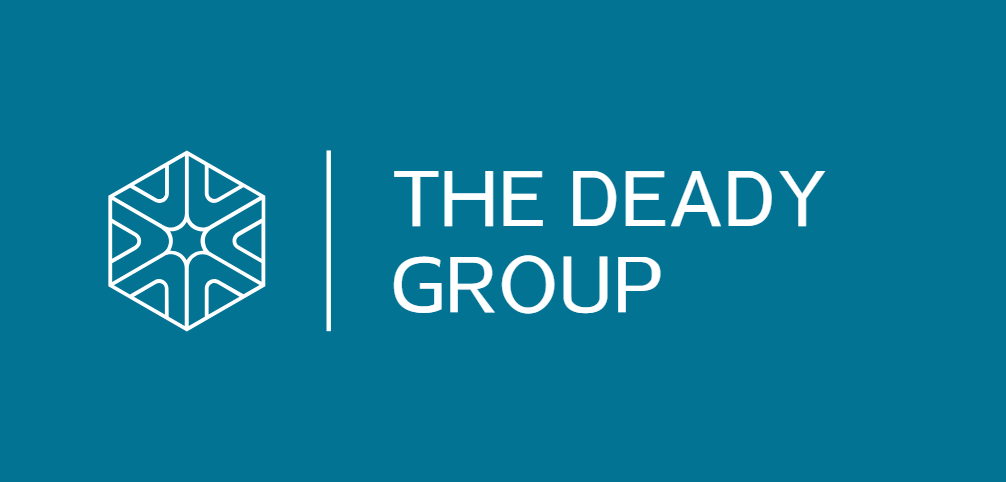 The Deady Group full logo in white on a brand teal background